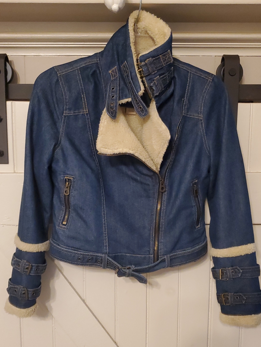 Jou Jou Blue Denim Shearling Moto Jacket